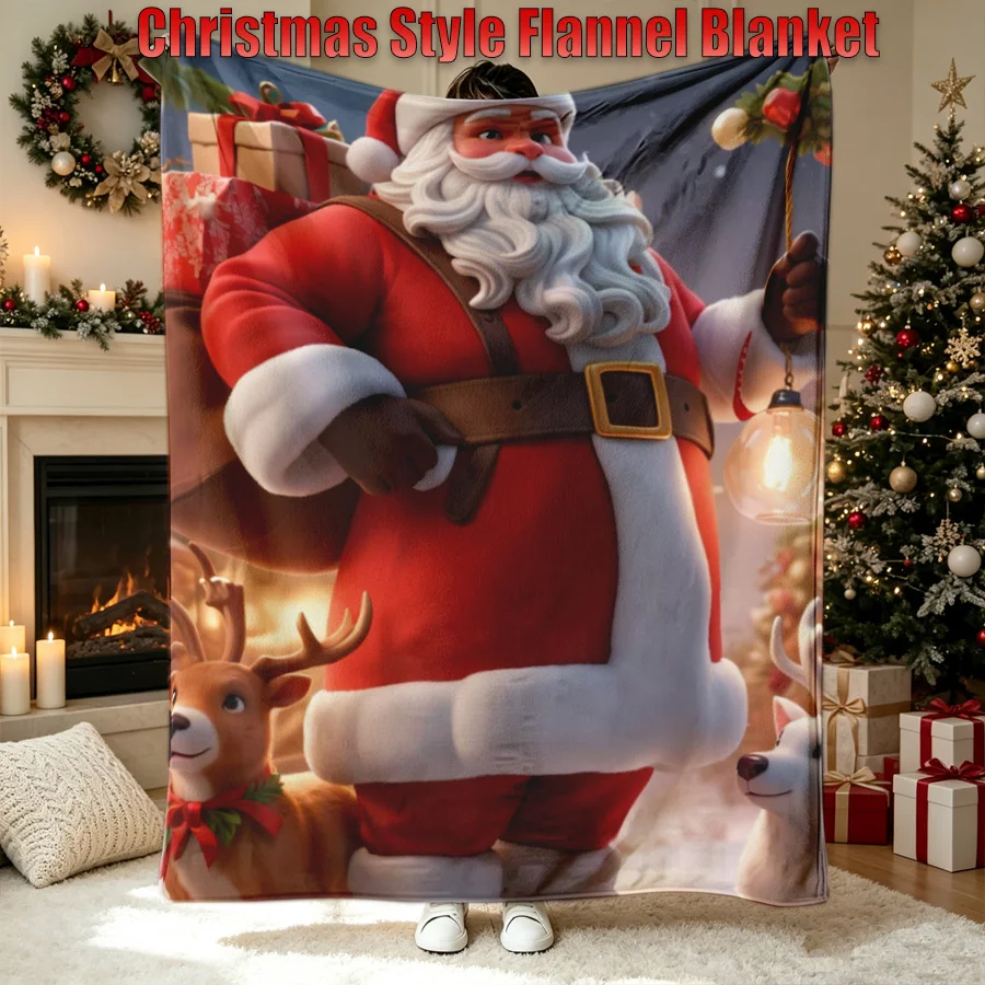 Cartoon Christmas Santa Snowman Reindeer Gift Box Flannel Throw Blanket, 2D Flat Single-Sided Printed Holiday Decorative Blanket