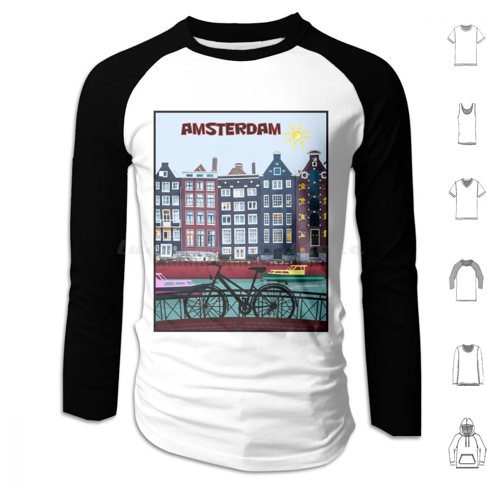 Bicycle Riding ; In Holland Print Hoodie cotton Long Sleeve Holland Netherlands Canals Railings Boats Buildings