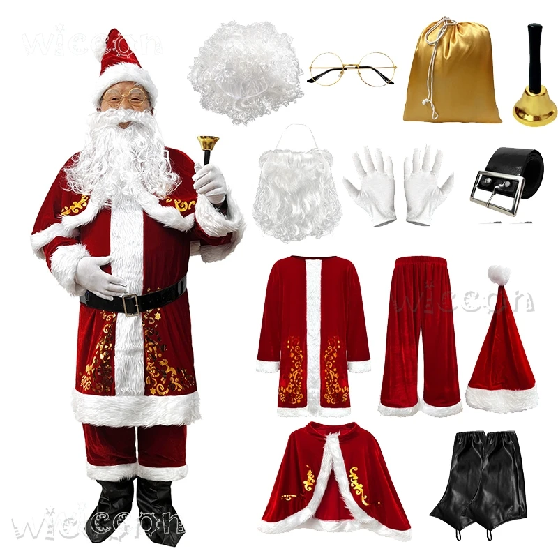 

Оптовая продажа, мужской костюм Санты, наборы Papai noel, M-6XL, наряды с принтом из золотой фольги, Christmasdisfraz, аниме deguisement
