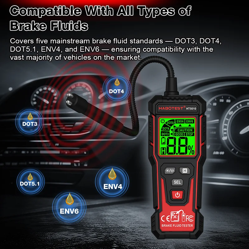 HT5010 Digital Brake Fluid Tester Auto Car Brake Oil Detector DOT3/DOT4/ DOT5.1/ENV4/ENV6 Tri-Color Backlight Brake Oil Tester