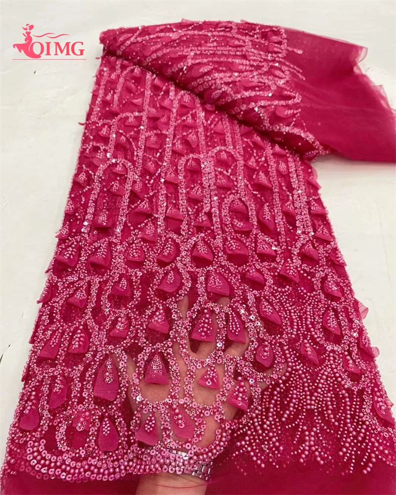 

OIMG African Lace Fabric Embroidered Sequins Nigerian Beaded Lace Fabrics 2024 High Quality French Tulle Lace Fabric For Dress