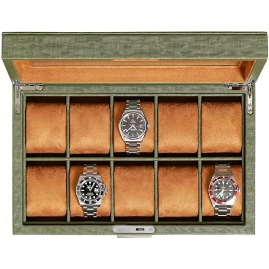 

10 Slot Leather Watch Box - Luxury Case Display Jewelry Organizer - Locking Watch Display Case Holder with Large Glass Top - Bo
