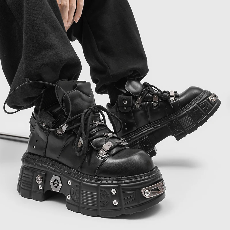 Fashionable men's thick soled shoes, internet famous street metal punk retro trend men's boots, leather shoes