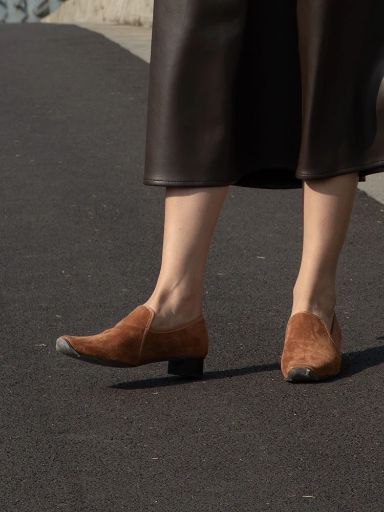 

WILL&ZEST Retro Camel Suede Leather Women Loafers Chunky Squared Pumps Firls Party Boat Vintage Fttowear Zapatos Slip On