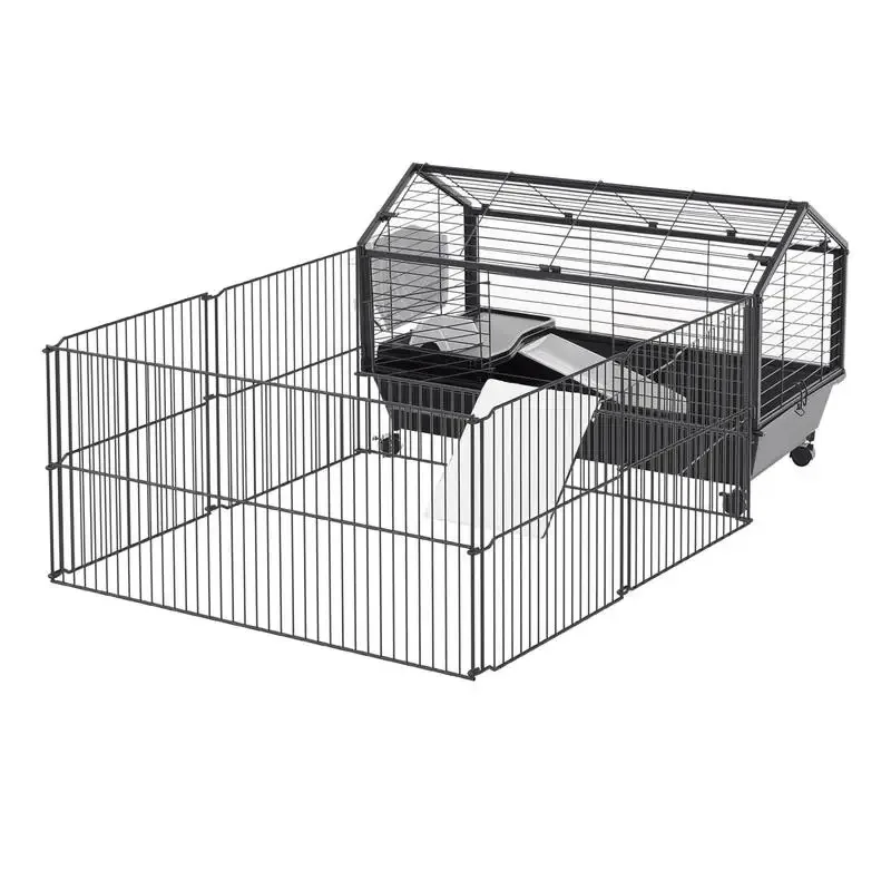 

Small Animal Cage with Outdoor Run Including Accessories, 88 Cm X 128.5 Cm X 56 Cm, 4 Wheels, Black, Metal, Polypropylene