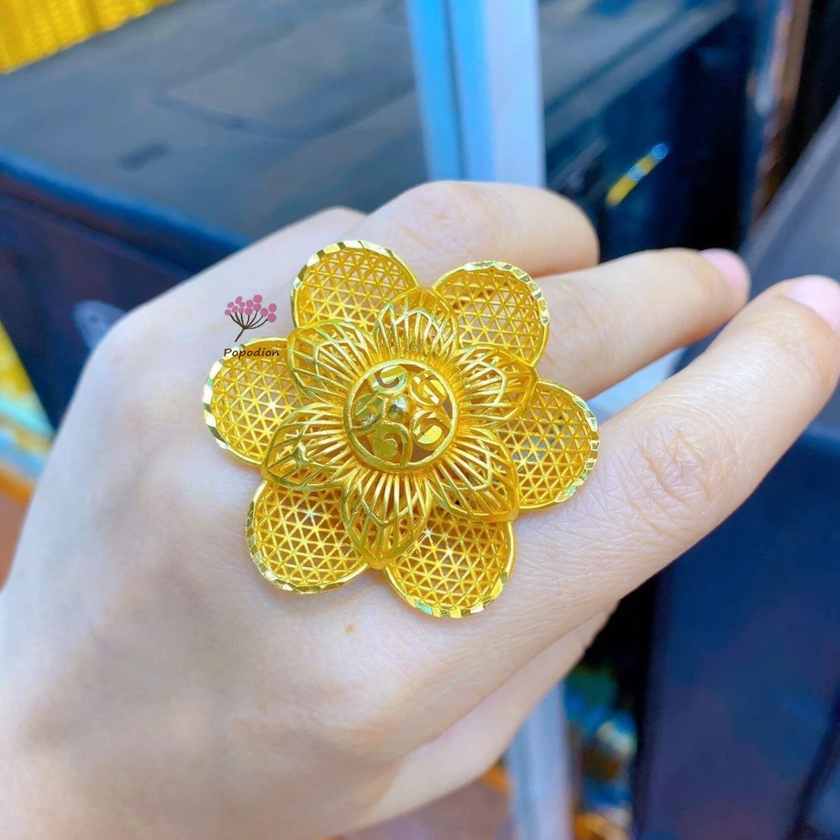 Popodion New 24K Gold Plated Flower Women's Ring Bridal Wedding Accessories Exquisite Gift YY10277