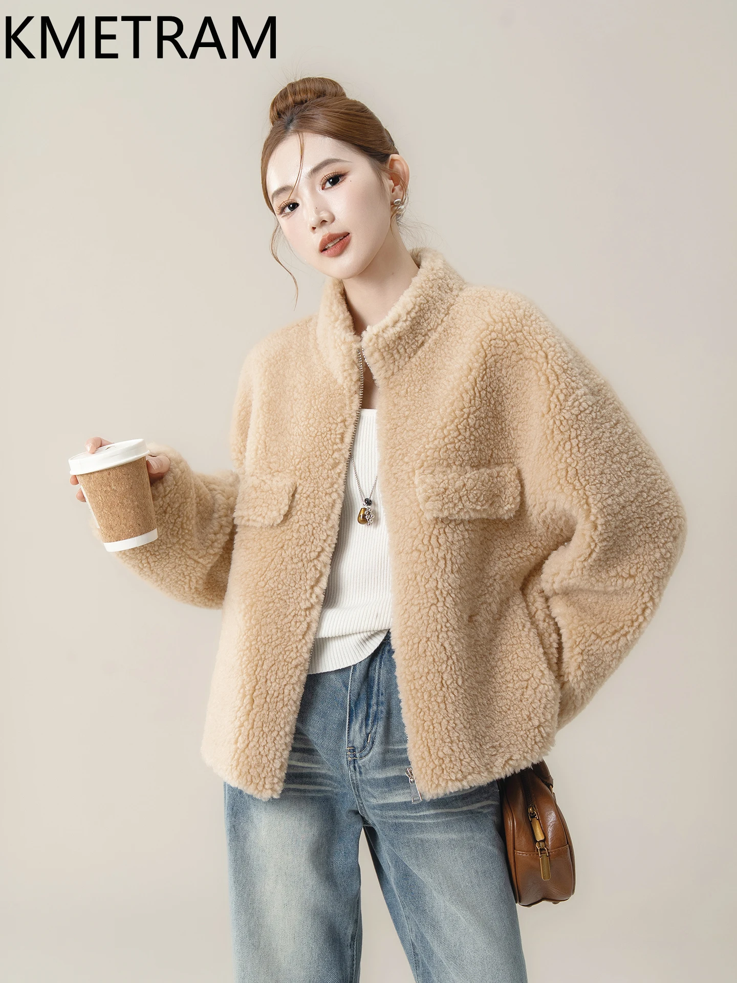 KMETRAM Pelzmantel aus 100 % natürlicher Wolle für Damen, kurz, täglich, Stehkragen, Freizeitmantel – 2025, Herbst, neuer Stil, Beij
