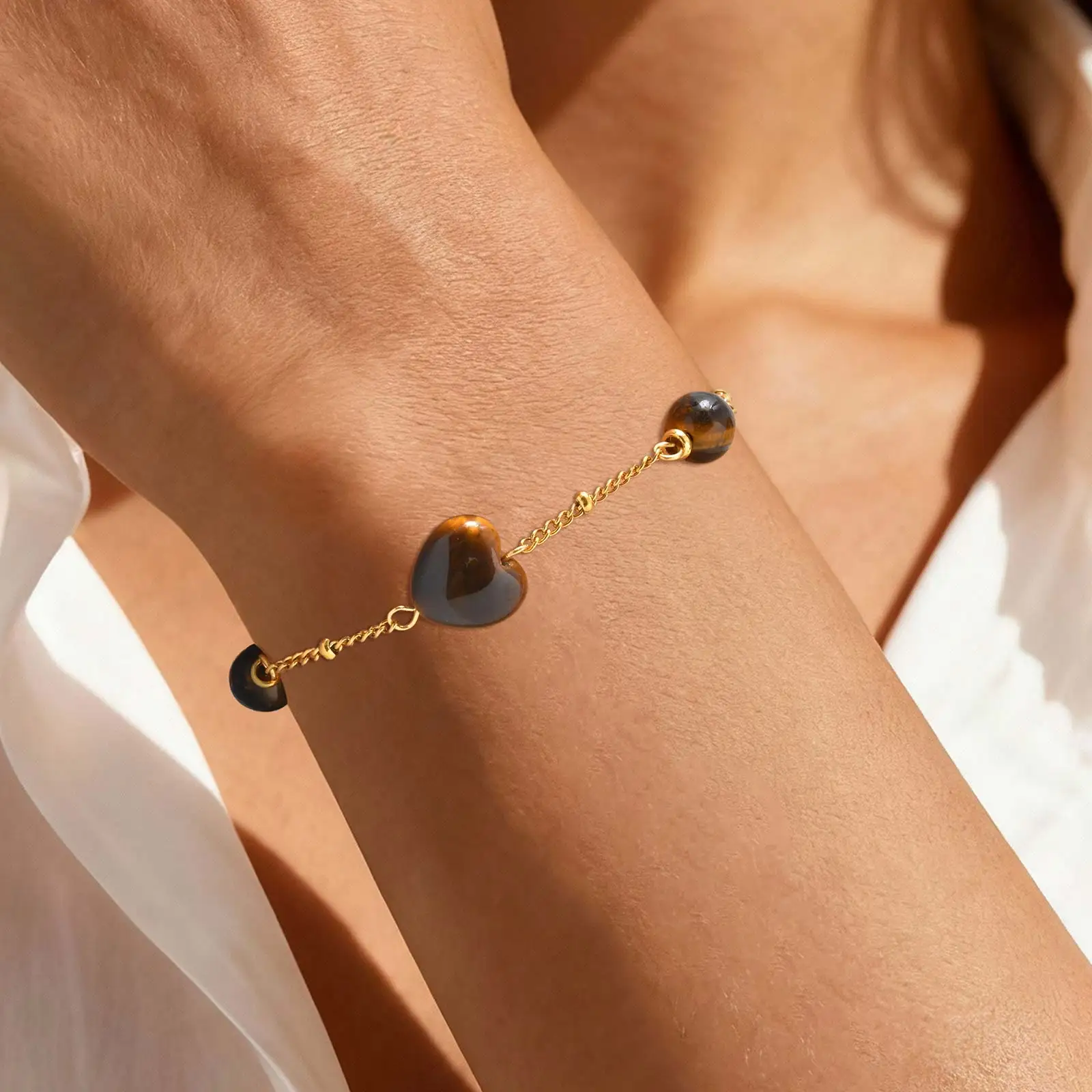 

tigers Eye Stones Chain Link Bracelet for Women Natural Stones Beaded Bracelet Heart Love Chain Bracelet Fashion Jewelry