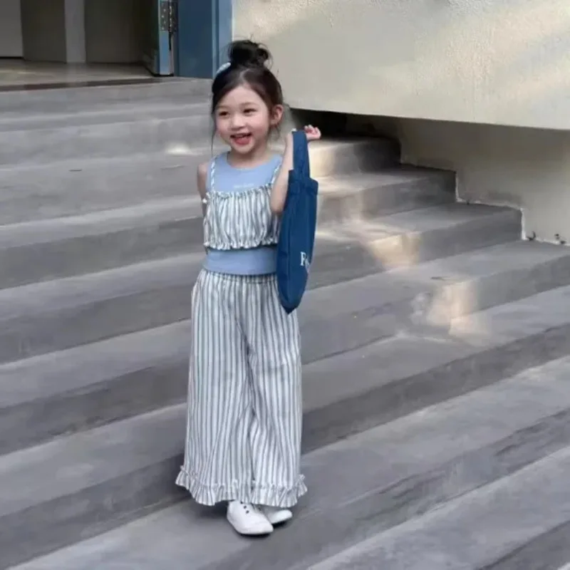 UNITIM Sommer Mädchen 3-teiliges Kleidungsset aus Baumwolle, gestreiftes Trägertop, Hose und passendes Outfit, einfarbiges Baby-Mädchen-T-Shirt-Set