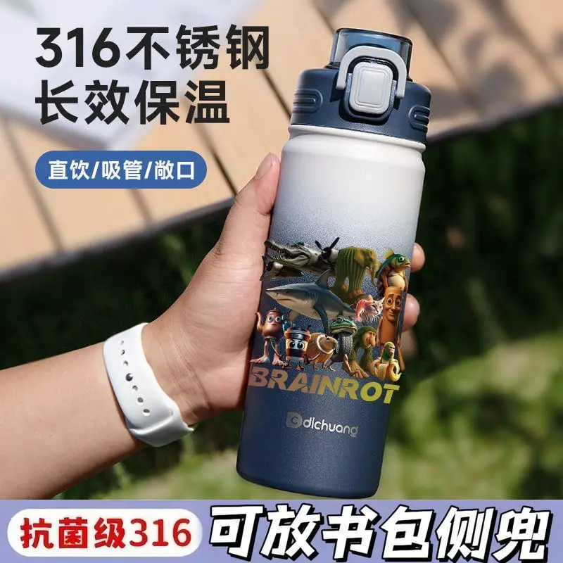Termo italiano Brainrot, botella de agua Tung Sahur, taza de café portátil con aislamiento frío y caliente, tazas de agua deportivas con pajita