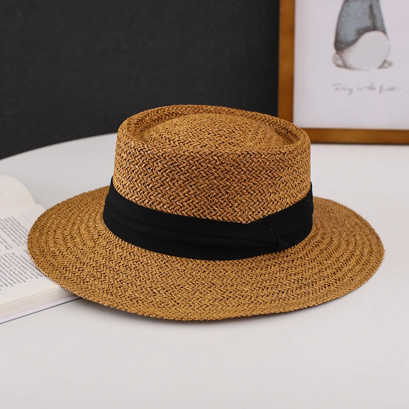 French Panama Straw Hat Ladies Sun Protection Summer Beach Sun Hat Men\'s Holiday British Retro Concave Flat Top Straw Hat Women