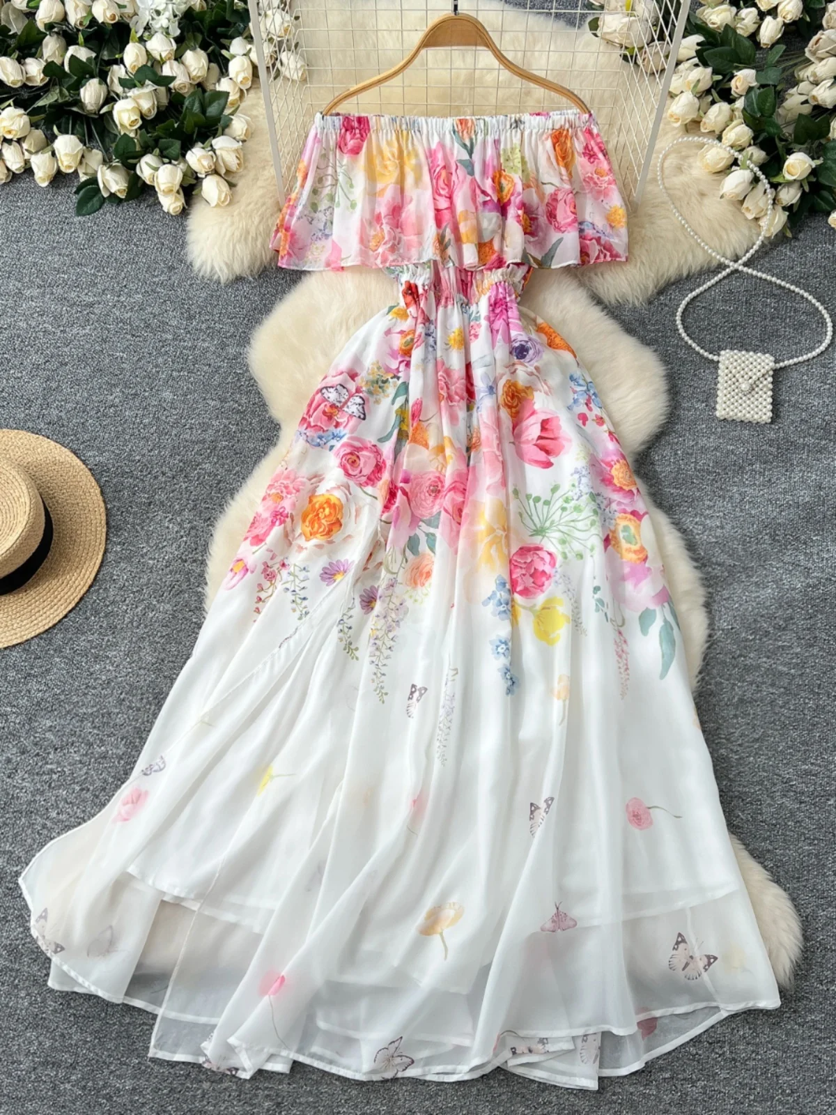 Vestido de Gasa con Estampado Floral y Cintura Ajustada con Dobladillo, Estilo Coreano, Falda Larga de Cintura Alta para Muje...