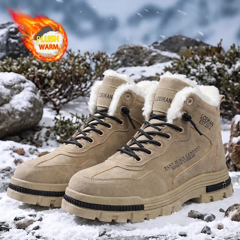 Men's Fleece Warm Winter Boots Lace‑up High‑top Thick Rugged Outsole Anti‑slip Male Snow Work Boots For Cold Weather