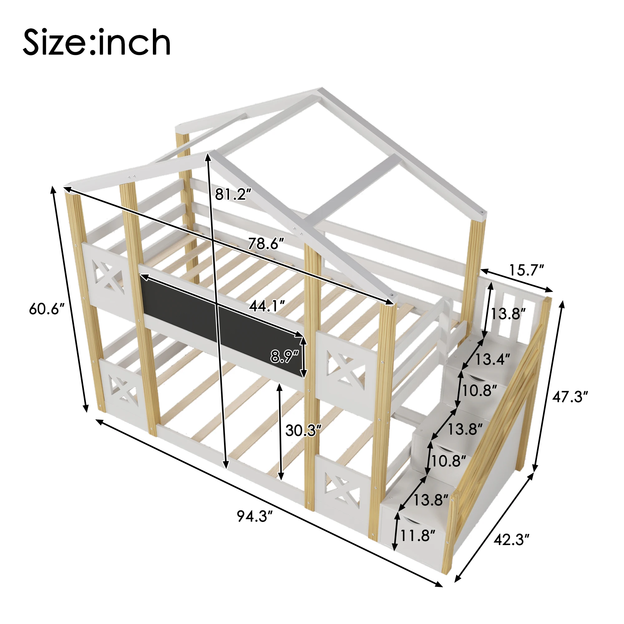 Twin over Twin House Bunk Bed with White Storage Staircase and Blackboards, White  94.30x42.30x81.20 in.