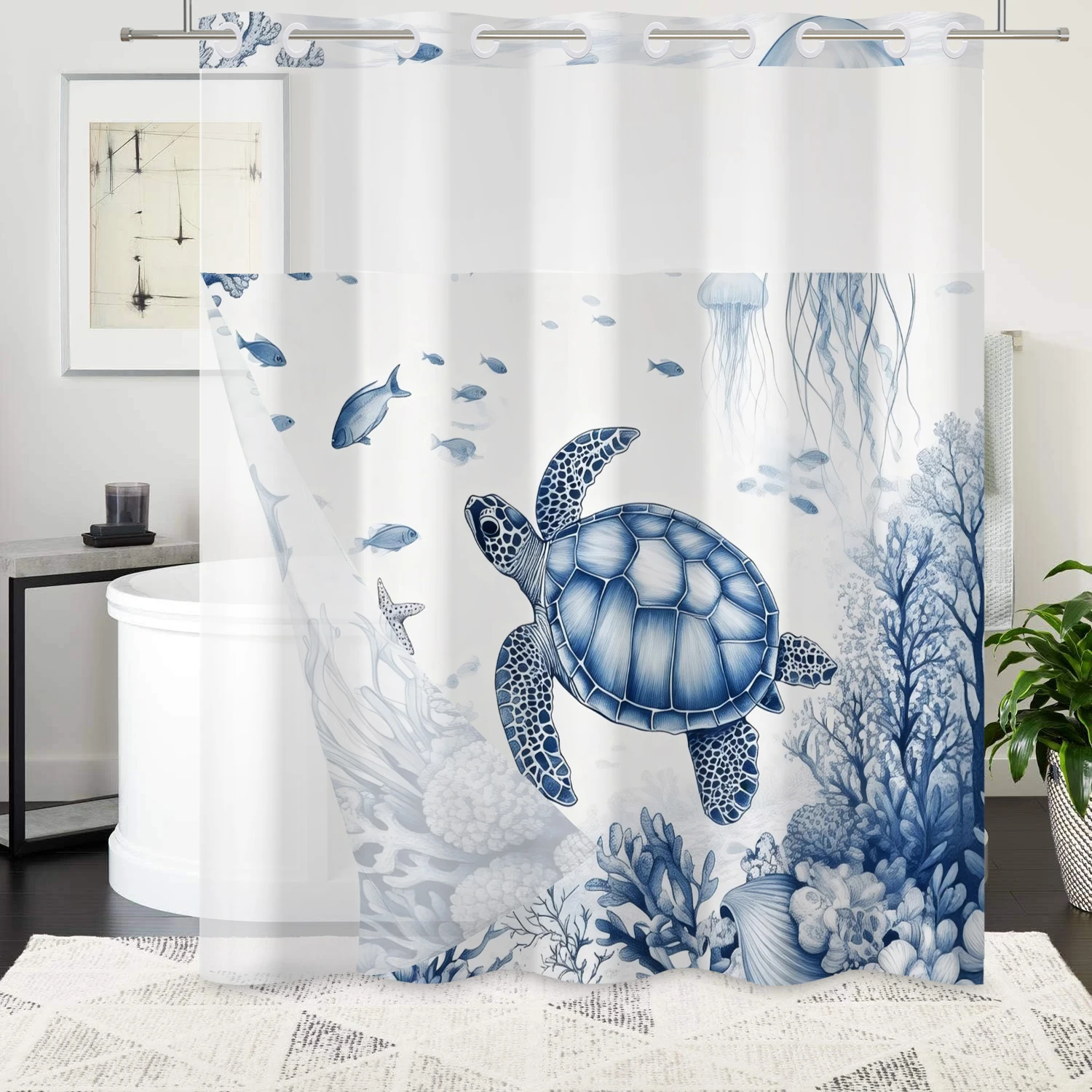 Double Layer Waterproof Shower Curtain with Sea Turtle and Fish Print Easy Install Built-in Liner Ocean Theme Bathroom Decor