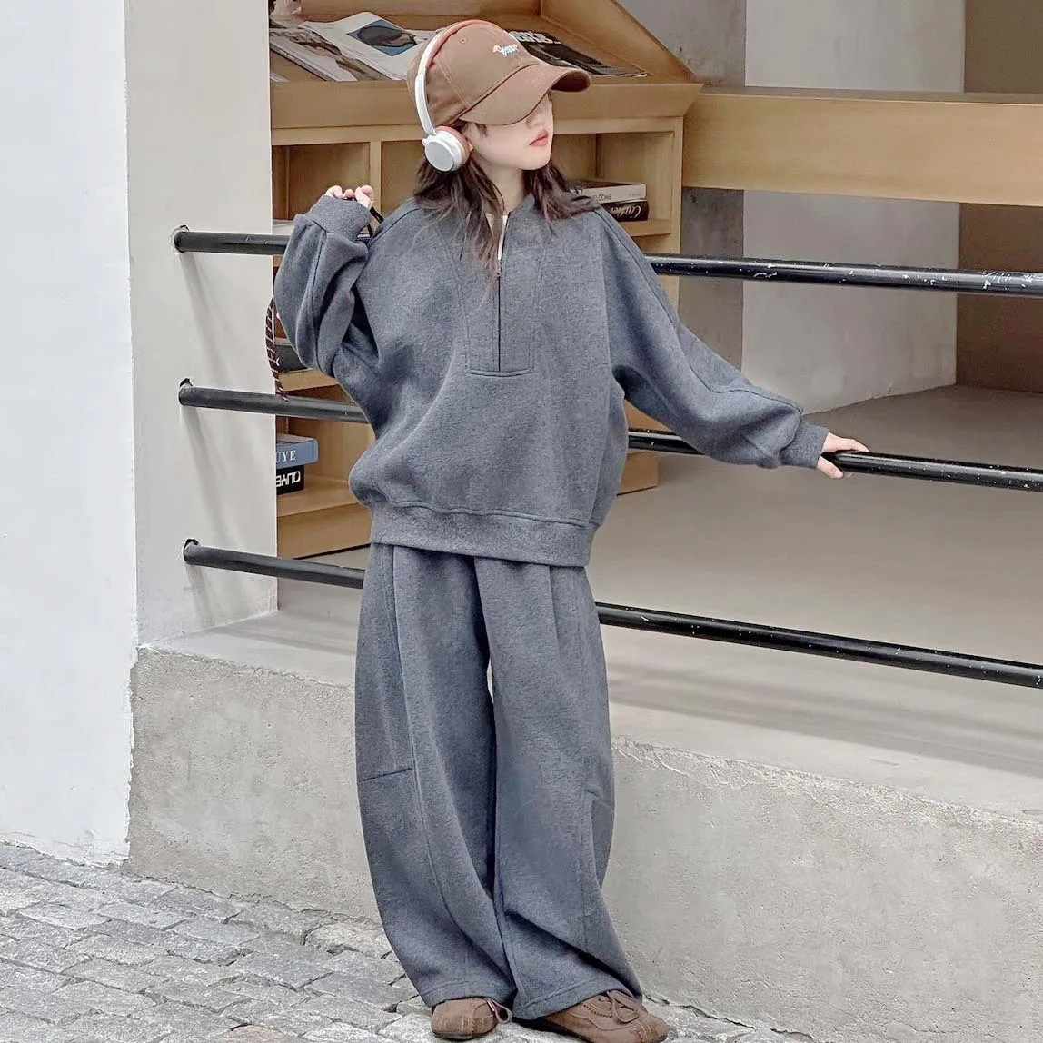 2026 winter autumn kid Girls Cloth set loose long sleeve Child sweatshirt t-shirt + wide leg pant Tracksuit 4 8 10 12 year