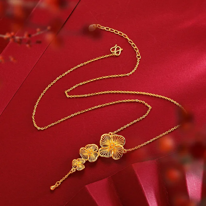 9999 Real Gold 24K Plum Branch Luoxue New Chinese Flower Necklace Hollow Flower Clavicle Chain