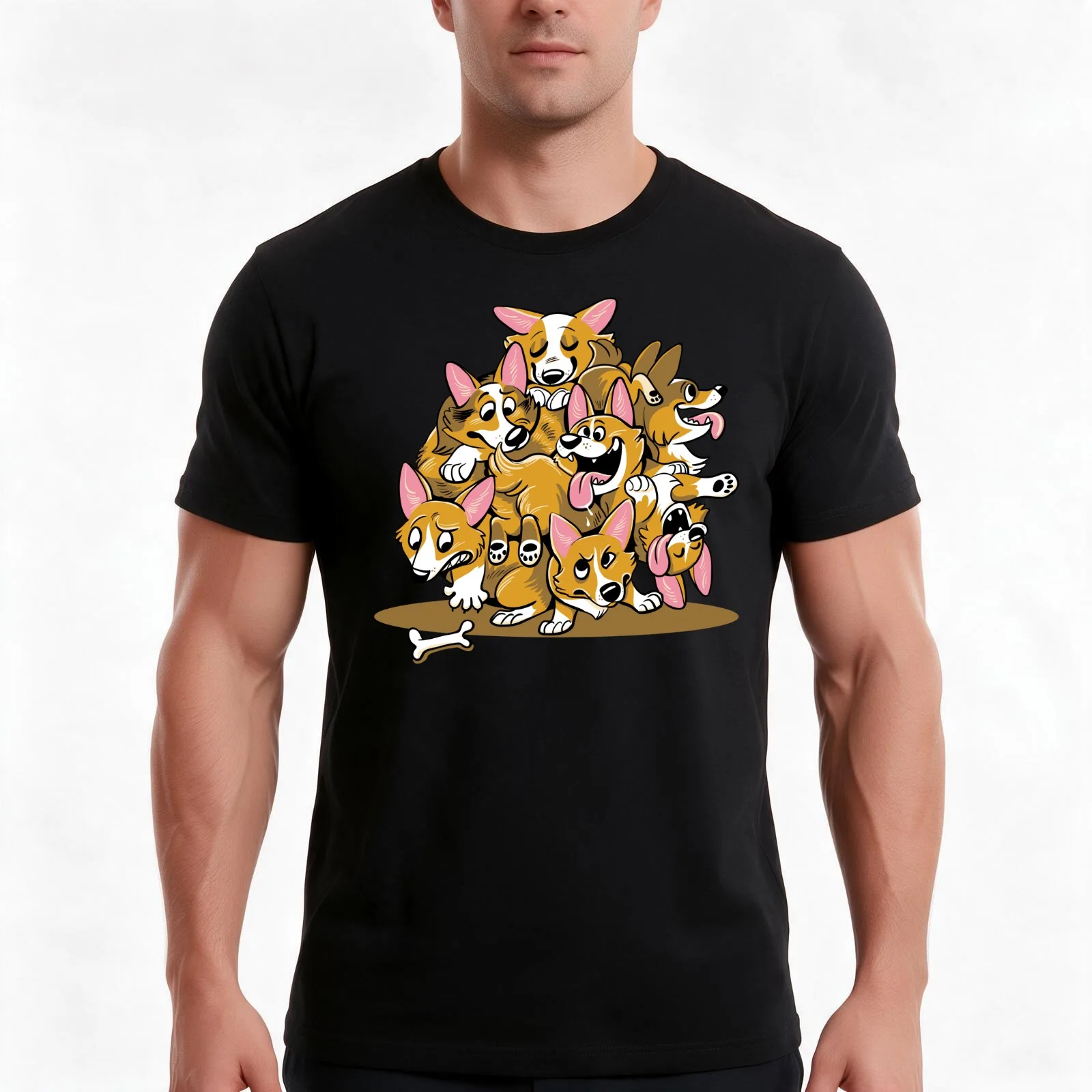 Corgi Cluster T-Shirt, Summer Casual Cotton Tee, Oversized Streetwear Tops, Vintage Graphic Print, Loose Fit Short Sleeve