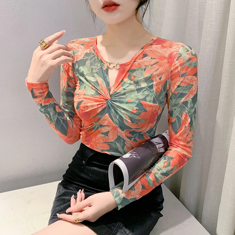 2023 New Spring Fall European Clothes Mesh Thin T-Shirt Women Chic Sexy Draped Drill Tops Long Sleeve Bottoming Shirt Tees 38041