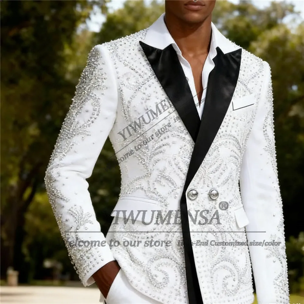 

Luxury Male Beaded Crystals Suit Attire For Wedding Double Breated Jacket Pants 2 Piece Set Groom Tuxedos Customized Man Outfits