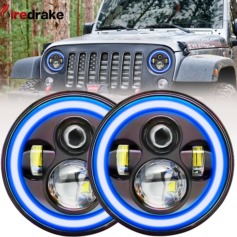 7 Inch Round LED Headlight  H4 Blue Halo Angel Eyes Jeep Wrangler Motorcycle Universal Headlamps 180W 6000K 14000LM 24V Car Lamp