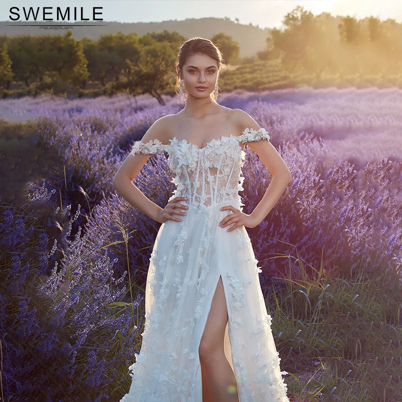 

SWEMILE A Line Off The Shoulder Appliques Sequined Wedding Dress Side Slit Bridal Gowns 2025 Vestidos De Novia Bride Party Dress