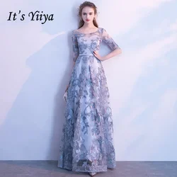 It's YiiYa-Robe de Soirée Grise à Imprimé Floral, Tenue Formelle Brodée, Col Rond, Demi Manches, Ligne A, Longueur au Sol, E039