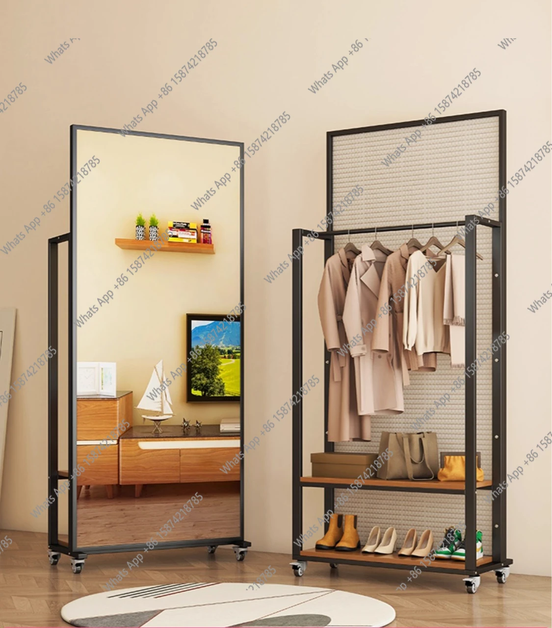 Mobile full-body mirror, coat rack, shoe cabinet, integrated dance mirror, home living room hanger with mirror, rotatable whole