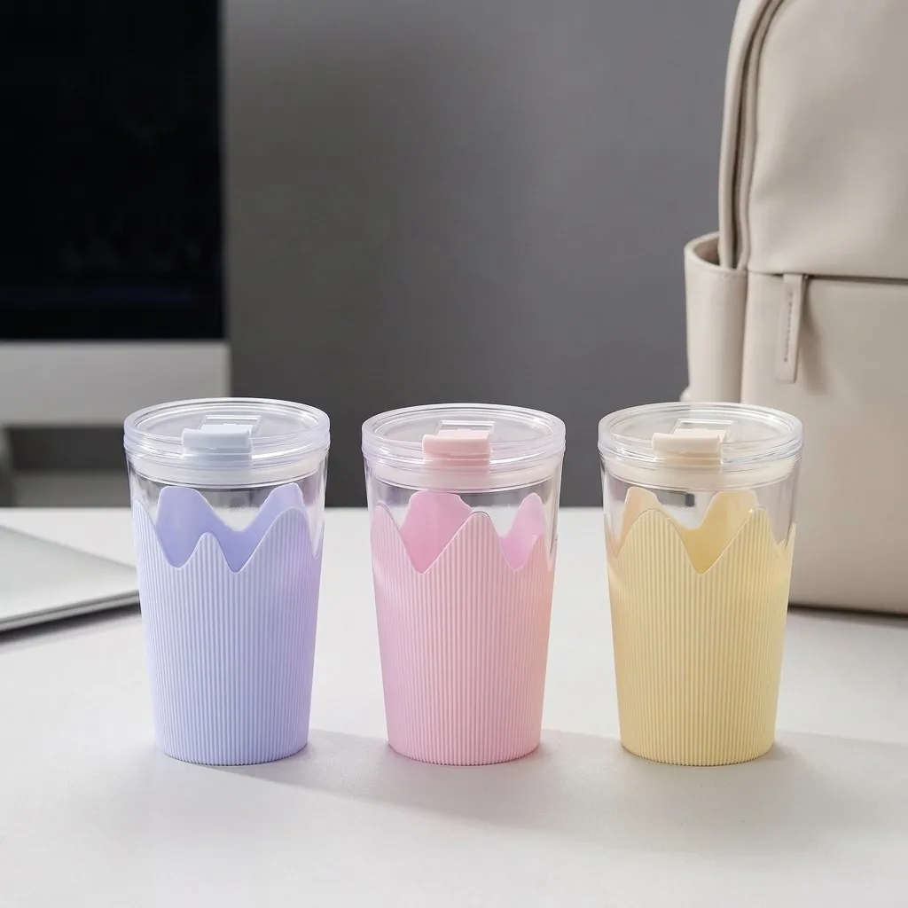 Reusable Plastic Water Bottle with Anti-Slip Sleeve Tumbler Double Drinking Lid Travel Mug for Coffee Juice Student Office