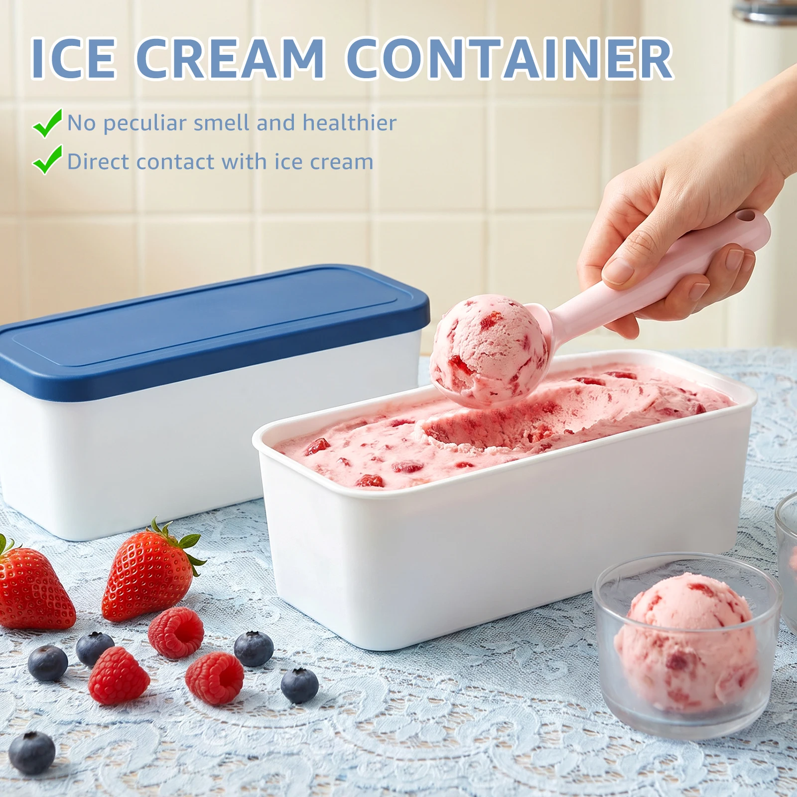 Ice Cream Container Mold 2L Reusable Freezer Tray Tub Airtight Design with Scoop Food Kitchen Refrigerator Storage Box