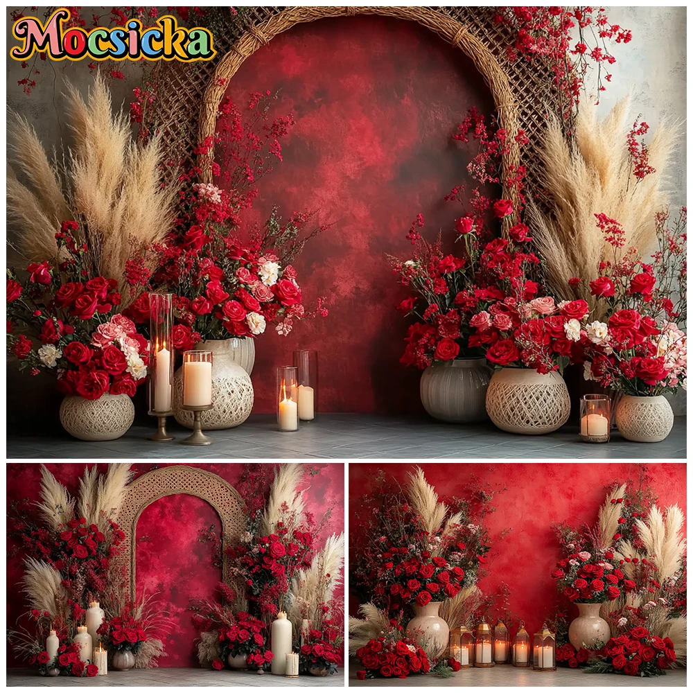 

Mocsicka Red Flowers Wall Photography Backdrop Spring Abstract Rose Decors Mother's Day Portrait Background Wedding Party Banner