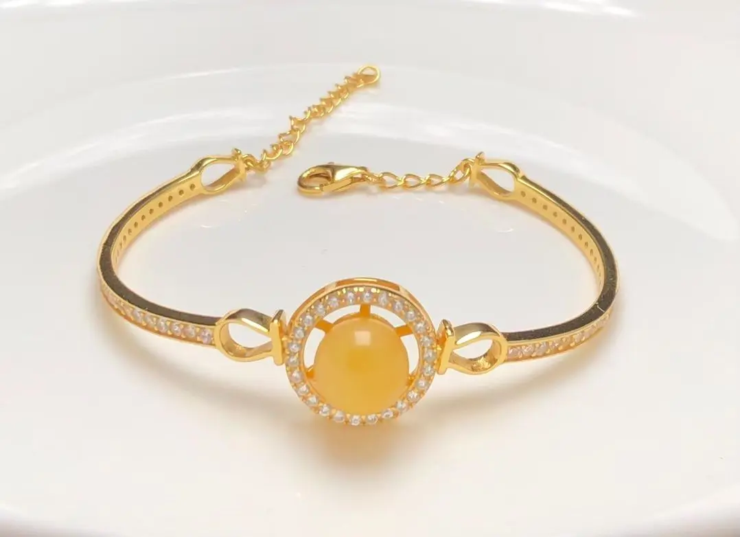 

Certificated 925 Silver Natural Baltic Yellow Amber Beaded Charm Chain Bracelet Full Zircons Gold Bar Arm Bangle Hand Jewelry