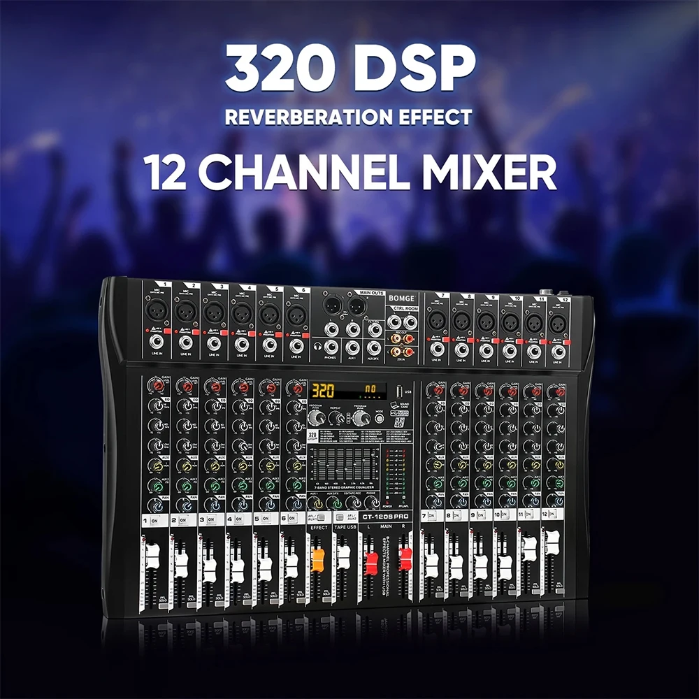 BOMGE Professional 12 Channel Audio Mixer Mixing DJ Console USB with 48V Phantom Power 320 DSP Effects Sound Table for Stage image 4