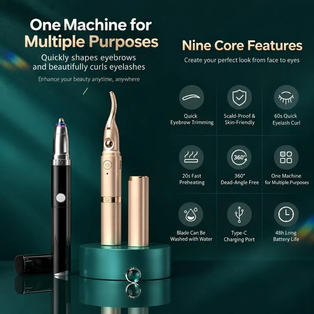 2 In 1 Electric Eyelash Curler Heated Two-Gear Temperature Adjustment Eyebrow Shaver Cordless 3D Micro-Trimming