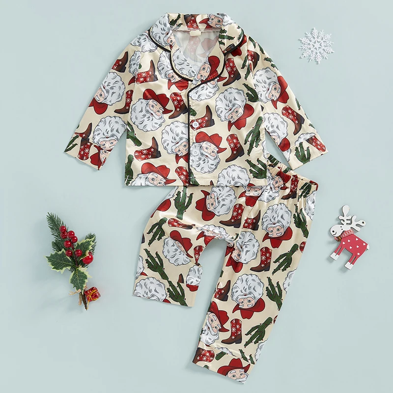 2024-07-22 Lioraitiin Kids Boys Girls Christmas Pajamas Set Santa Claus Print Long Sleeve Tops with Pants Sleepwear