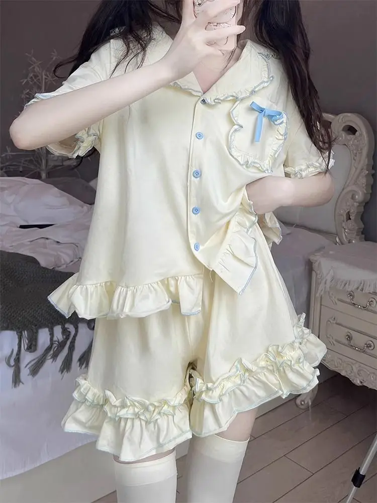 Sweet Sleepwear Women Pajama Sets Lingerie Short Sleeve Cardigan Shorts Princess Japanese Loungewear Kawaii Ruffles Pajamas