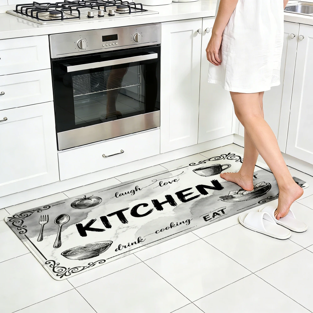 Grey Marble Ink Kitchen Tableware Text Runner Mat Anti Slip Absorbent Rug Vintage Black Cooking Print Carpet Bathroom Cooking