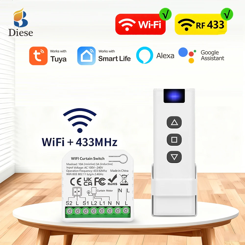 Tuya Smart Life Alexa Google Wifi and RF433 Remote Control Smart Switch for Roller Shutters Blinds Projector Screen Window Shade