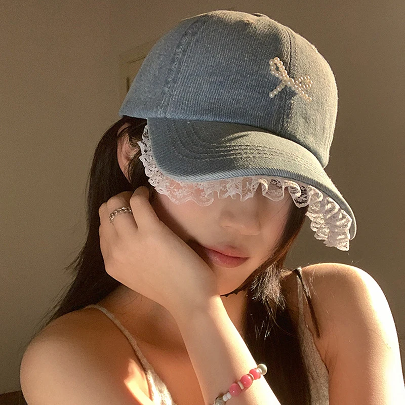 Korean Style Lace Denim Baseball Cap Women Sweet Cute Three-dimensional Pearl Bow Trendy Sports Hat Sun Protection Beach Hat