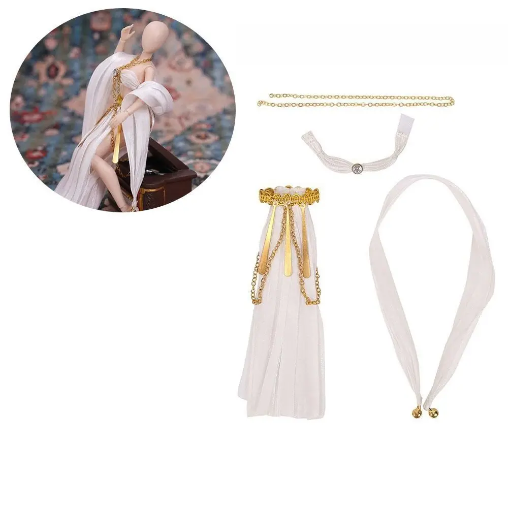 Fabric Doll Clothing Set Metal Chain Accents White and Gold Doll Princess Outfit Pleated Skirt Draped Sleeve Style