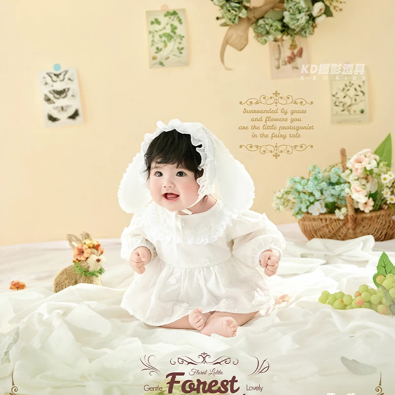100日新生児森の妖精写真撮影用コスチューム-ホワイトレースボンネット-ドレス、フラワーリース＆麦わら帽子-幼児写真撮影用衣装