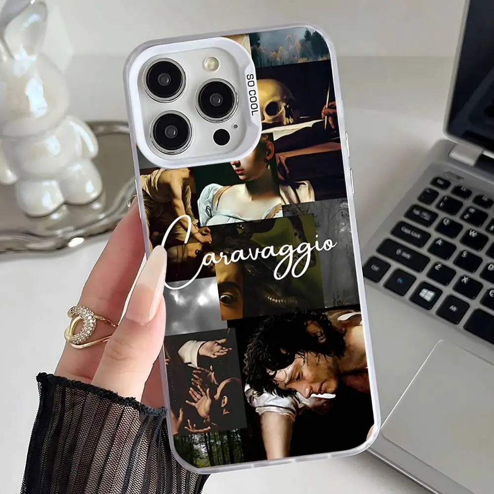 حافظة هاتف C-Caravaggio لهاتف iPhone 16,15,14,13,12,11,Pro,XS,Max,Plus,Mini,SE غطاء مقاوم للصدمات من الحلوى البيضاء غير اللامعة