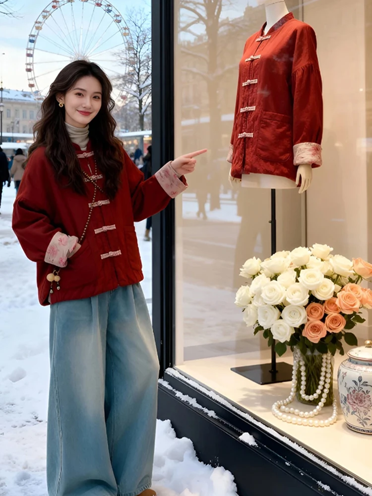 Double-Sided Wear Thickened Cotton Jacket for Women Elegant Straight Cut Long Sleeve Warmth Guaranteed with Button Closure
