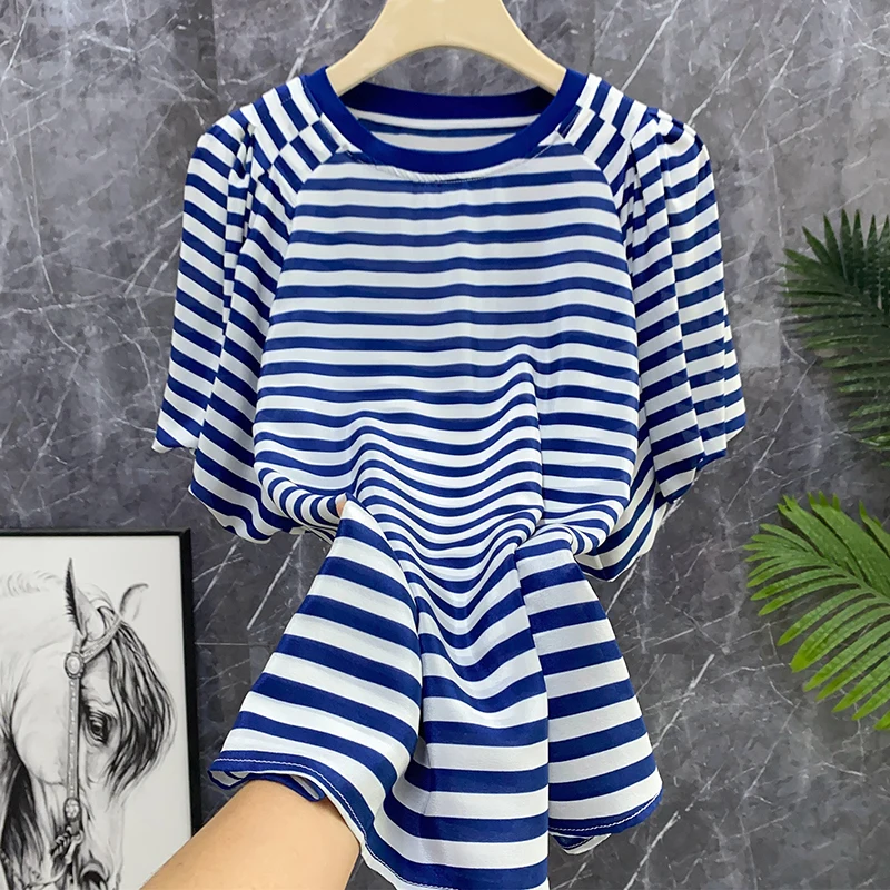 

Шелковая полосатая футболка с рукавами-фонариками и круглым вырезом, летняя женская модная блузка прямого кроя для повседневной носки, стандартной длины