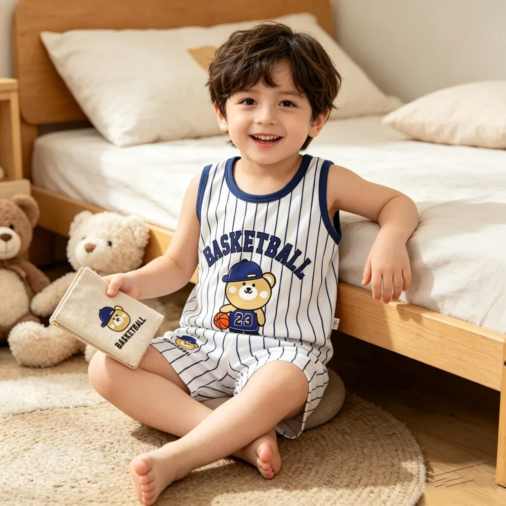 Animal Cartoon Pajamas Sets Kids Toddler Boys Pijama Brown White Summer Cotton Girls Clothing Pink Dinosaur Basketball Pyjamas
