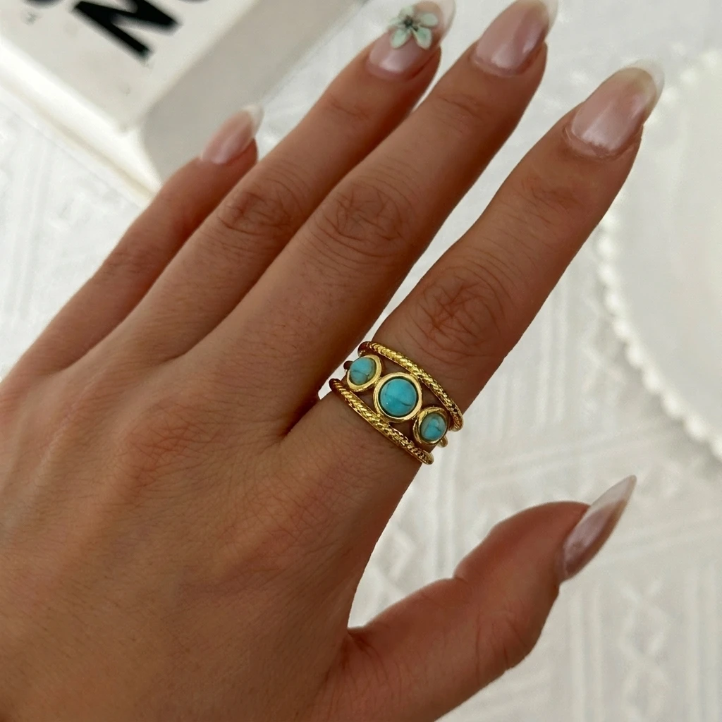 Vintage Naturstein Edelstahl-Ringe für Damen und Herren Trendige Vergoldete Hohle Geometrische Ringe Finger-Accessoires Schmuck