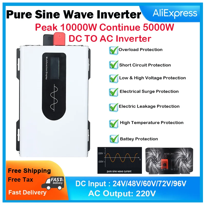 

Continue Power 5000W, 220V Portable Pure Sine Wave Inverter,Peak Power 10000W, DC 24V 48V 60V 72V 96V To AC220V, Free Shipping