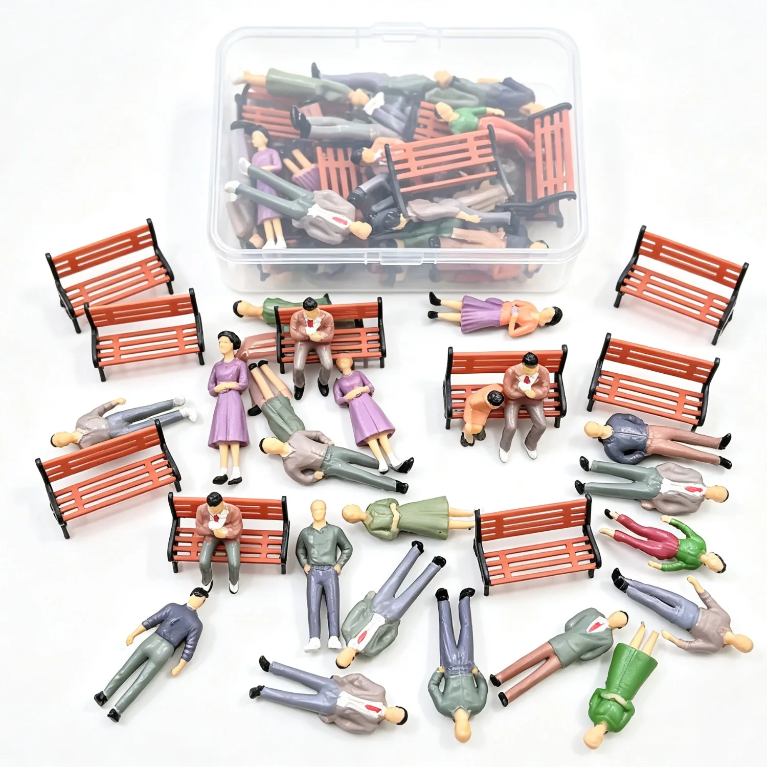 26Pcs Miniature People with Park Bench Set, 1:50 Scale Hand Painted Figurines, Dollhouse Diorama Architecture Model Decor