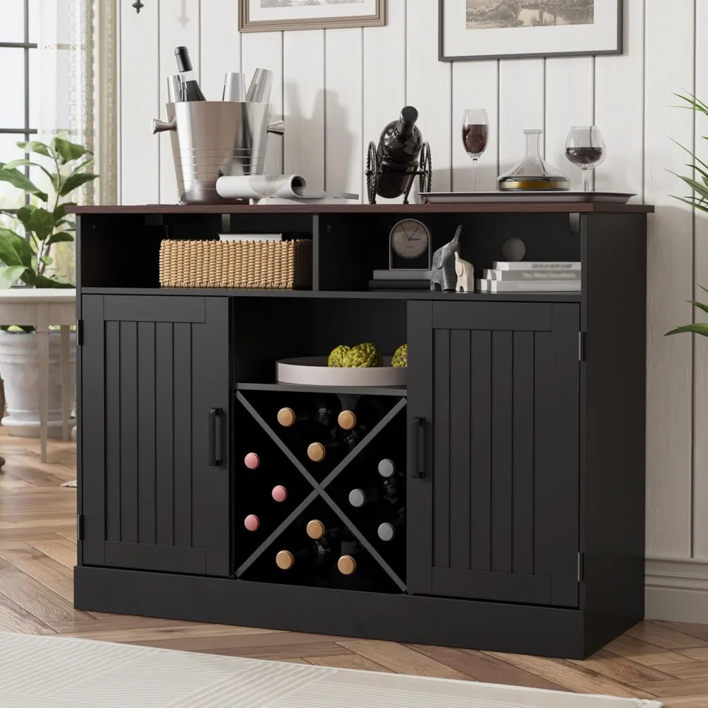 Farmhouse Coffee Bar Cabinet with Prower Outlets, Rustic Liquor Cabinet with Wine Rack, Wooden Wine Cabinet for Dining Room