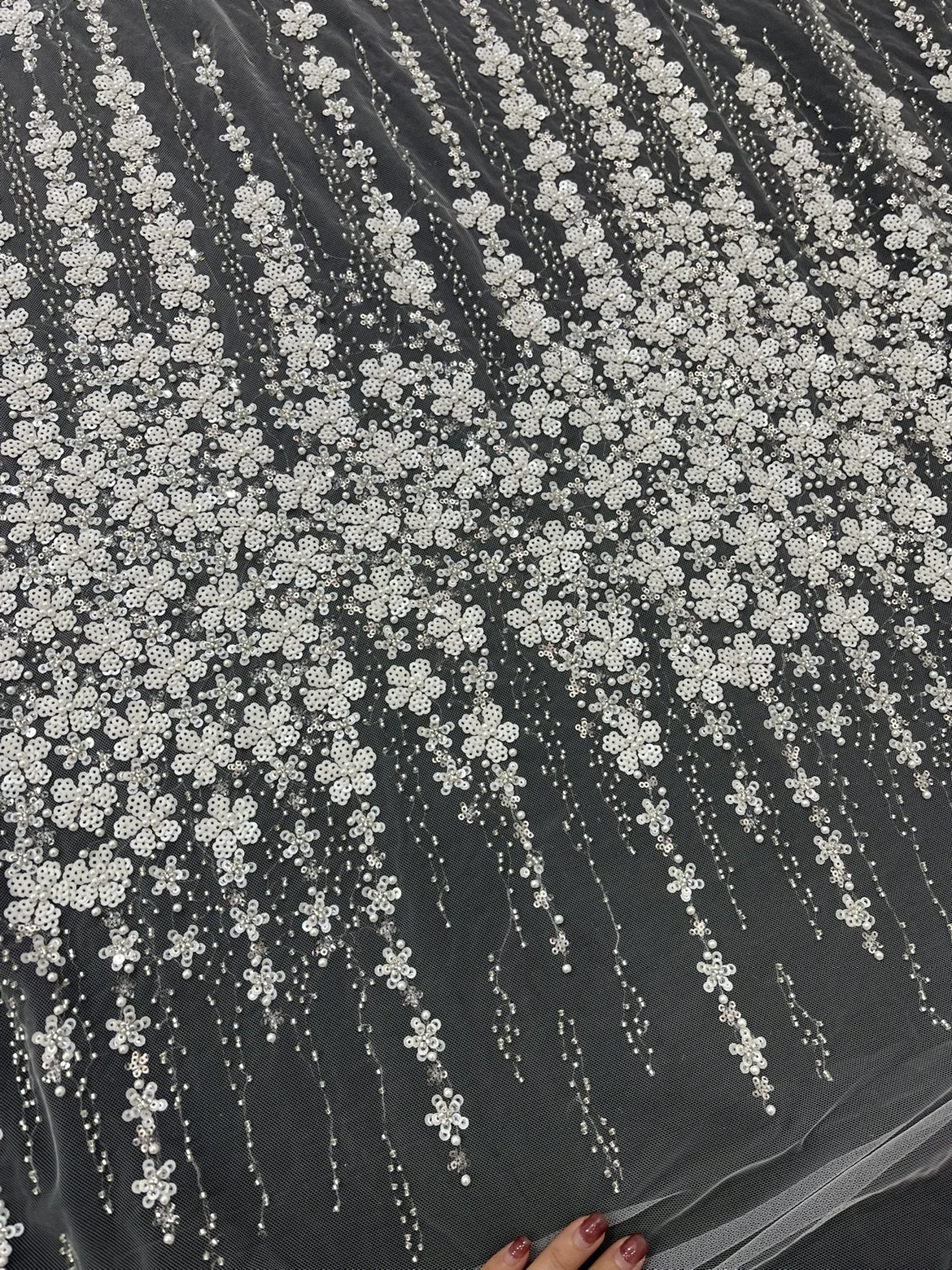 135CM Wide 2D Sequined Pearls Beading Lace Fabric Off White 2023 NEW Bridal Dress Making Lace Accessory 1 Yard
